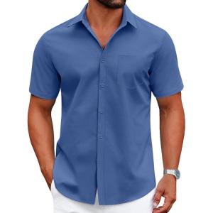 imageCOOFANDY Mens Dress Shirts Short Sleeve Business Casual Shirts Regular Fit Casual Button Down Untucked ShirtsNavy Blue