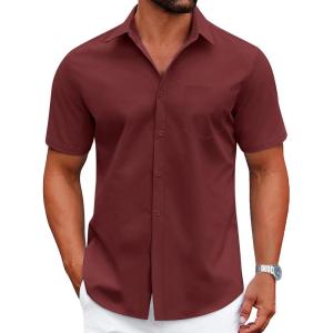 imageCOOFANDY Mens Dress Shirts Short Sleeve Business Casual Shirts Regular Fit Casual Button Down Untucked ShirtsWine Red