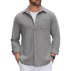 imageCOOFANDY Mens Flannel Shirts Long Sleeve Thermal Button Down Shirt Shacket Lightweight JacketLight Grey
