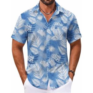imageCOOFANDY Mens Hawaiian Shirt Short Sleeve Casual Button Down Tropical Summer Beach Aloha ShirtsDark Bluewhite Leaves