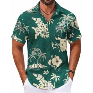 imageCOOFANDY Mens Hawaiian Shirt Short Sleeve Casual Button Down Tropical Summer Beach Aloha ShirtsGreenyellow Flowers