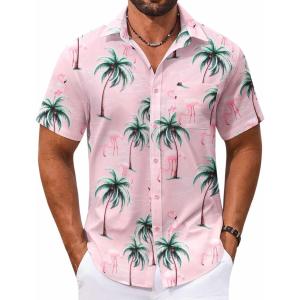 imageCOOFANDY Mens Hawaiian Shirt Short Sleeve Casual Button Down Tropical Summer Beach Aloha ShirtsPinkcoconut Trees