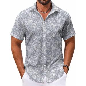 imageCOOFANDY Mens Hawaiian Shirt Short Sleeve Casual Button Down Tropical Summer Beach Aloha ShirtsWhitegrey Leaves