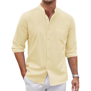 imageCOOFANDY Mens Oxford Shirts Long Sleeve Casual Button Down Shirts Band Collar Dress Shirt with PocketBeige