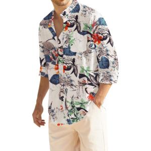 imageCOOFANDY Mens Oxford Shirts Long Sleeve Casual Button Down Shirts Band Collar Dress Shirt with PocketBeige Floral