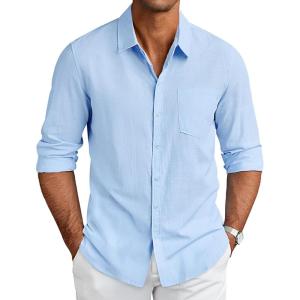 imageCOOFANDY Mens Oxford Shirts Long Sleeve Casual Button Down Shirts Band Collar Dress Shirt with PocketLight Blue