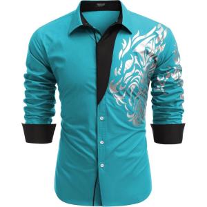 imageCOOFANDY Mens Print Button Down Dress Shirt Fashion Long Sleeve Casual ShirtsAqua Bluetiger