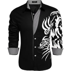 imageCOOFANDY Mens Print Button Down Dress Shirt Fashion Long Sleeve Casual ShirtsBlack