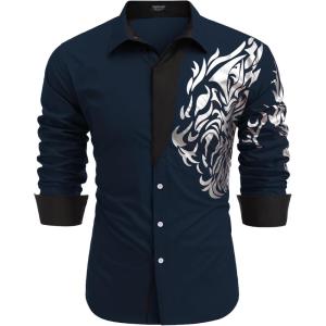 imageCOOFANDY Mens Print Button Down Dress Shirt Fashion Long Sleeve Casual ShirtsDark Navy Tiger