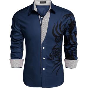 imageCOOFANDY Mens Print Button Down Dress Shirt Fashion Long Sleeve Casual ShirtsNavy Blue