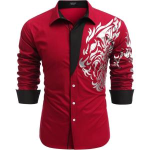 imageCOOFANDY Mens Print Button Down Dress Shirt Fashion Long Sleeve Casual ShirtsRed Tiger