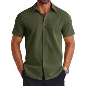 imageCOOFANDY Mens Short Sleeve Button Down Shirt Lightweight Wrinkle Free Untucked Dress ShirtsArmy Green