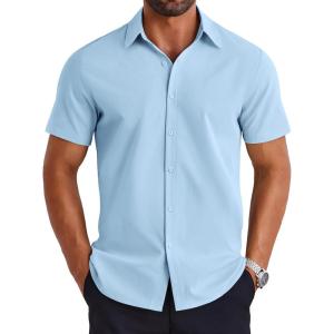 imageCOOFANDY Mens Short Sleeve Button Down Shirt Lightweight Wrinkle Free Untucked Dress ShirtsClear Blue