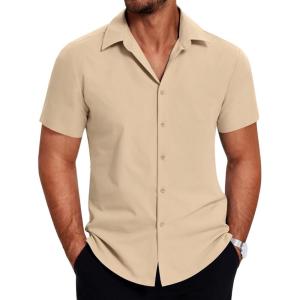 imageCOOFANDY Mens Short Sleeve Button Down Shirt Lightweight Wrinkle Free Untucked Dress ShirtsLight Coffee