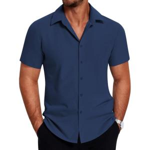 imageCOOFANDY Mens Short Sleeve Button Down Shirt Lightweight Wrinkle Free Untucked Dress ShirtsNavy Blue