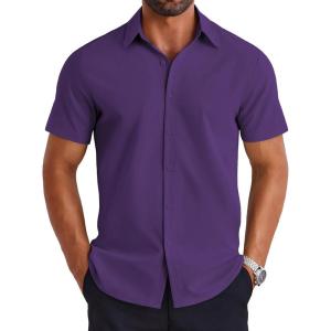 imageCOOFANDY Mens Short Sleeve Button Down Shirt Lightweight Wrinkle Free Untucked Dress ShirtsPurple
