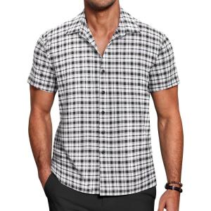 imageCOOFANDY Mens Short Sleeve Button Down Shirt Plaid Button Up Shirts Casual 75 Cotton Work ShirtsAblackwhite