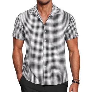 imageCOOFANDY Mens Short Sleeve Button Down Shirt Plaid Button Up Shirts Casual 75 Cotton Work ShirtsBblackwhite