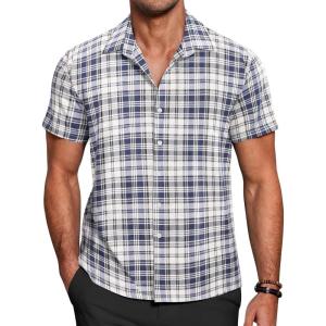 imageCOOFANDY Mens Short Sleeve Button Down Shirt Plaid Button Up Shirts Casual 75 Cotton Work ShirtsBluewhite