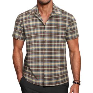 imageCOOFANDY Mens Short Sleeve Button Down Shirt Plaid Button Up Shirts Casual 75 Cotton Work ShirtsBrown