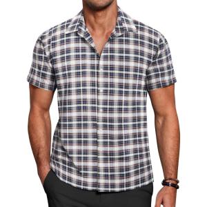 imageCOOFANDY Mens Short Sleeve Button Down Shirt Plaid Button Up Shirts Casual 75 Cotton Work ShirtsDark Bluewhite