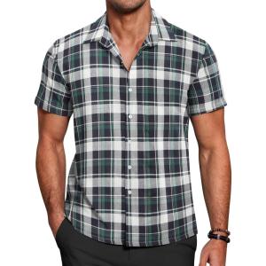 imageCOOFANDY Mens Short Sleeve Button Down Shirt Plaid Button Up Shirts Casual 75 Cotton Work ShirtsDark Greenwhite