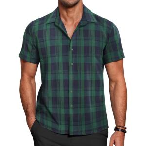 imageCOOFANDY Mens Short Sleeve Button Down Shirt Plaid Button Up Shirts Casual 75 Cotton Work ShirtsGreenblue