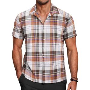 imageCOOFANDY Mens Short Sleeve Button Down Shirt Plaid Button Up Shirts Casual 75 Cotton Work ShirtsOrange