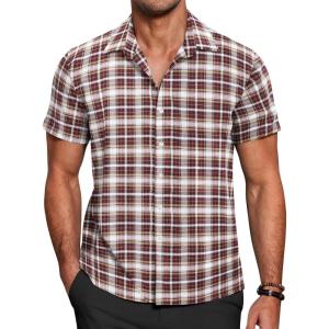 imageCOOFANDY Mens Short Sleeve Button Down Shirt Plaid Button Up Shirts Casual 75 Cotton Work ShirtsWine Redwhite