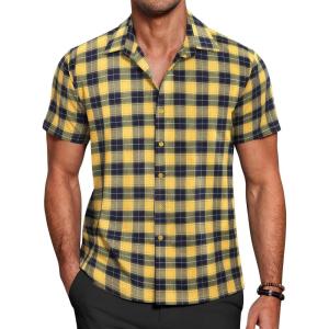 imageCOOFANDY Mens Short Sleeve Button Down Shirt Plaid Button Up Shirts Casual 75 Cotton Work ShirtsYellowblue