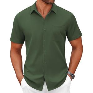 imageCOOFANDY Mens Short Sleeve Button Down Shirts Casual Dress Shirts for Men Summer Untucked Shirts with PocketDark Green