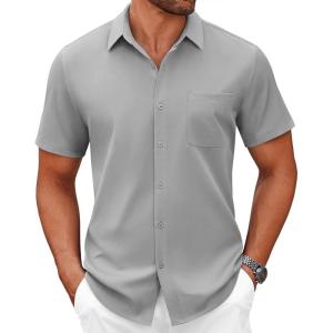 imageCOOFANDY Mens Short Sleeve Button Down Shirts Casual Dress Shirts for Men Summer Untucked Shirts with PocketLight Gray