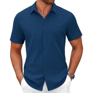 imageCOOFANDY Mens Short Sleeve Button Down Shirts Casual Dress Shirts for Men Summer Untucked Shirts with PocketNavy Blue