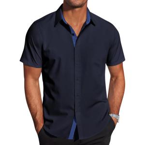 imageCOOFANDY Mens Short Sleeve Button Down Shirts Casual Summer Dress Untucked ShirtsDeep Blue