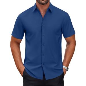 imageCOOFANDY Mens Short Sleeve Button Down Shirts Casual Summer Dress Untucked ShirtsDenim Blue