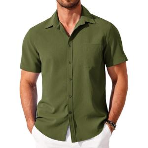 imageCOOFANDY Shirts for Men Short Sleeve Button Down Shirt Casual Summer Beach ShirtArmy Green