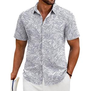 imageCOOFANDY Shirts for Men Short Sleeve Button Down Shirt Casual Summer Beach ShirtGrey Blue  Palm Leaf
