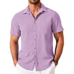 imageCOOFANDY Shirts for Men Short Sleeve Button Down Shirt Casual Summer Beach ShirtLavender