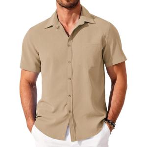imageCOOFANDY Shirts for Men Short Sleeve Button Down Shirt Casual Summer Beach ShirtLight Khaki