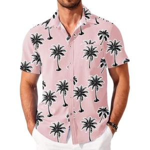 imageCOOFANDY Shirts for Men Short Sleeve Button Down Shirt Casual Summer Beach ShirtPink  Coconut Tree