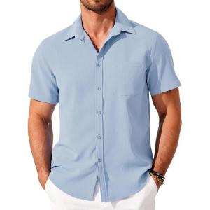 imageCOOFANDY Shirts for Men Short Sleeve Button Down Shirt Casual Summer Beach ShirtSky Blue