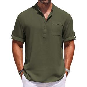 imageCOOFANDY Henley Shirts for Men Short Sleeve Band Collar Casual Shirt Summer Hippie Vacation Beach T Shirts with PocketArmy Green