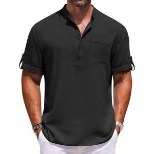 imageCOOFANDY Henley Shirts for Men Short Sleeve Band Collar Casual Shirt Summer Hippie Vacation Beach T Shirts with PocketBlack