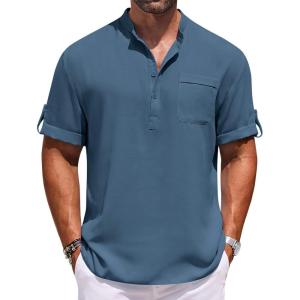 imageCOOFANDY Henley Shirts for Men Short Sleeve Band Collar Casual Shirt Summer Hippie Vacation Beach T Shirts with PocketBlue