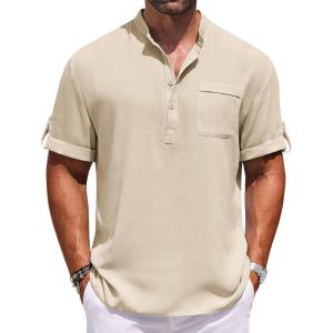 imageCOOFANDY Henley Shirts for Men Short Sleeve Band Collar Casual Shirt Summer Hippie Vacation Beach T Shirts with PocketChampagne