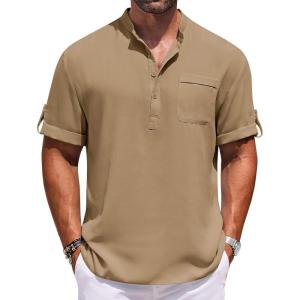 imageCOOFANDY Henley Shirts for Men Short Sleeve Band Collar Casual Shirt Summer Hippie Vacation Beach T Shirts with PocketKhaki