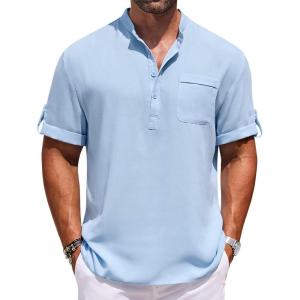 imageCOOFANDY Henley Shirts for Men Short Sleeve Band Collar Casual Shirt Summer Hippie Vacation Beach T Shirts with PocketLight Blue