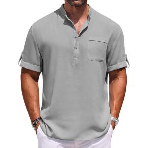 imageCOOFANDY Henley Shirts for Men Short Sleeve Band Collar Casual Shirt Summer Hippie Vacation Beach T Shirts with PocketLight Grey