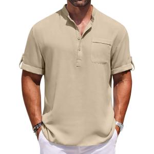imageCOOFANDY Henley Shirts for Men Short Sleeve Band Collar Casual Shirt Summer Hippie Vacation Beach T Shirts with PocketLight Khaki