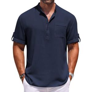 imageCOOFANDY Henley Shirts for Men Short Sleeve Band Collar Casual Shirt Summer Hippie Vacation Beach T Shirts with PocketNavy Blue